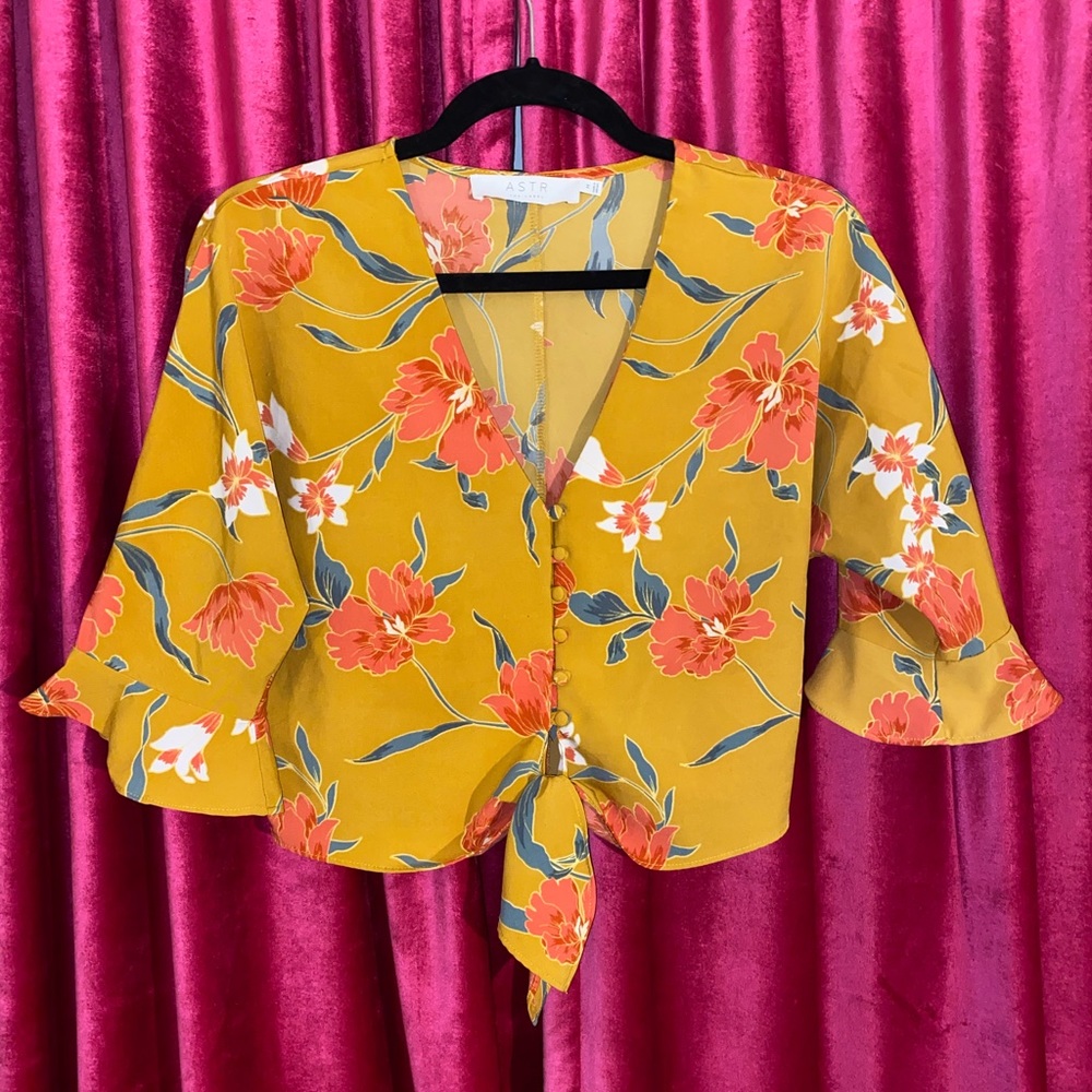 ASTR | Yellow Floral Button Up Crop Top